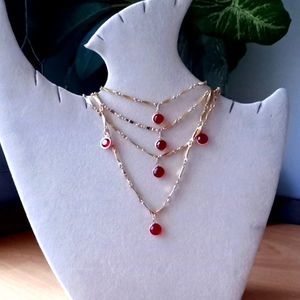 VINTAGE Gold Tone Bar Link Bezel Set Faceted Red Crystal Multi Charm Necklace